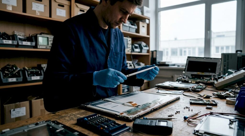 Technician handling hazardous LCD screen components