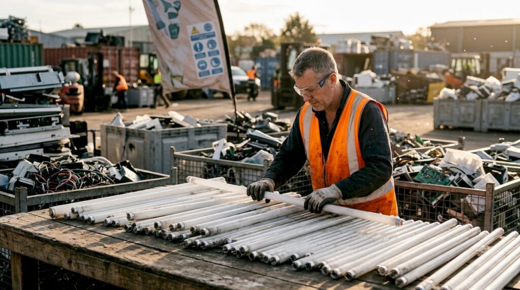 Technician removing mercury lamps in recycling plant