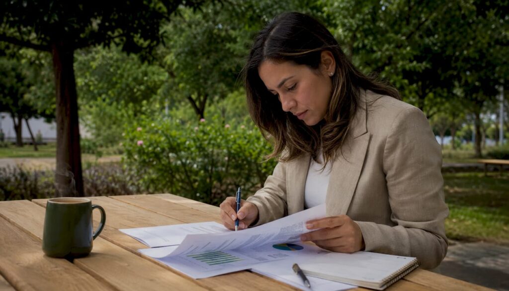 Mujer analizando informes sobre reciclaje