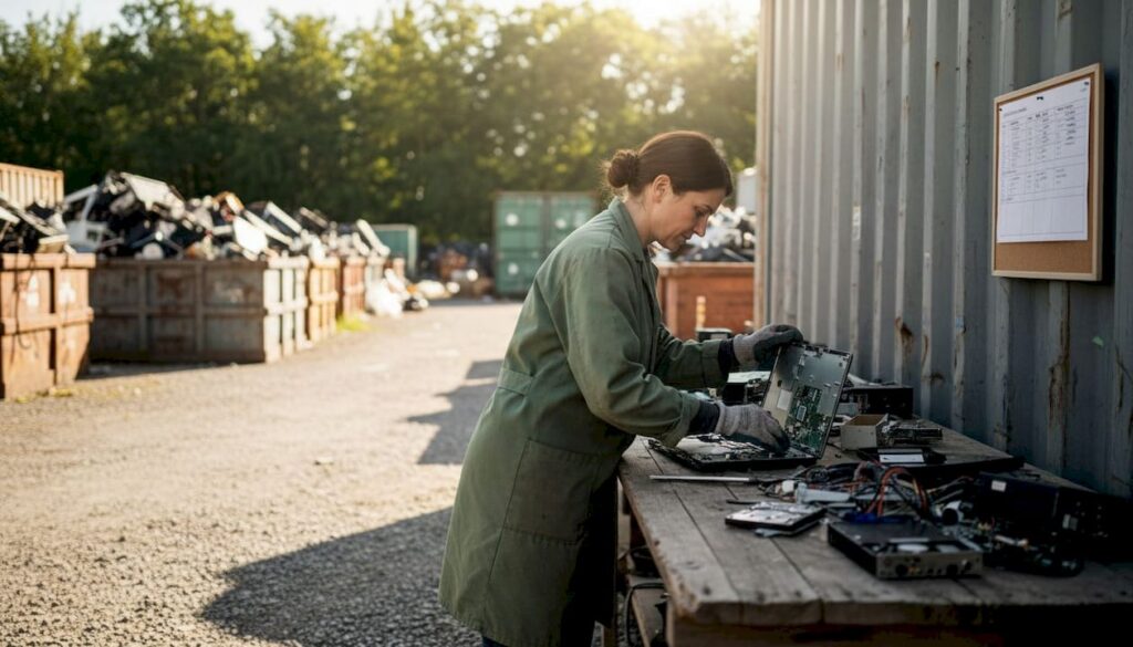 Technician sorting electronic devices in warehouse