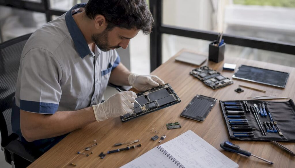 Especialista revisando una laptop reacondicionada en el taller