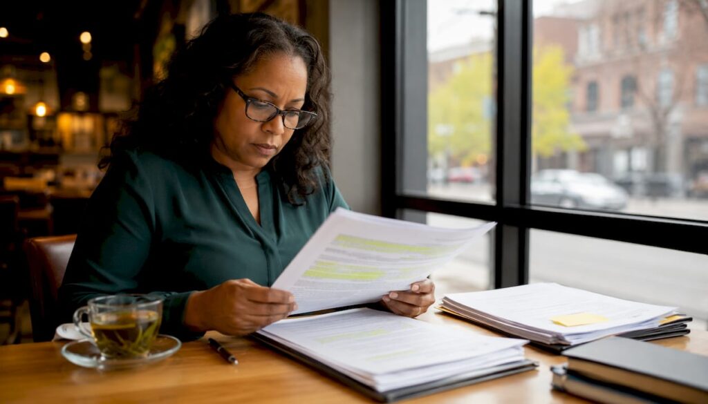 Professional woman reviewing compliance documents at conference table