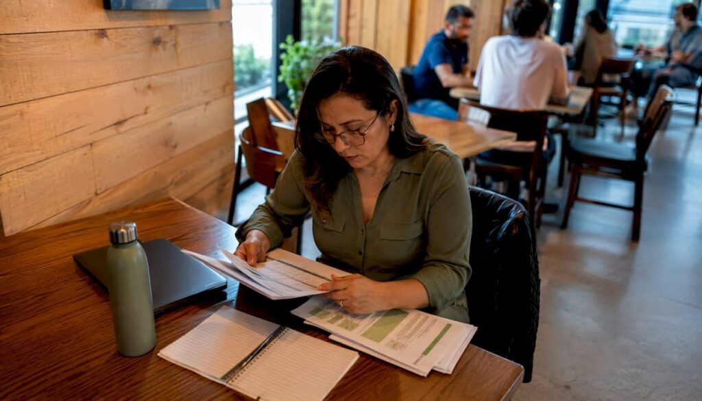 Responsable de cumplimiento revisando la documentación de auditoría de residuos eléctricos y electrónicos.