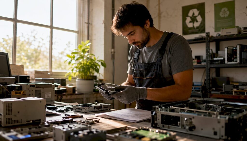 Especialista retirando maquinaria obsoleta en un almacén industrial