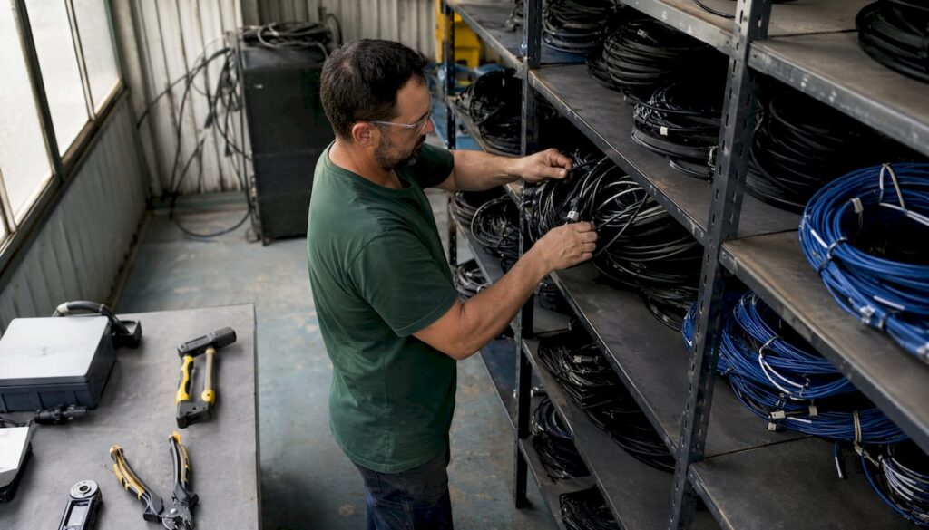 Especialista organizando el cableado en un rack de servidores