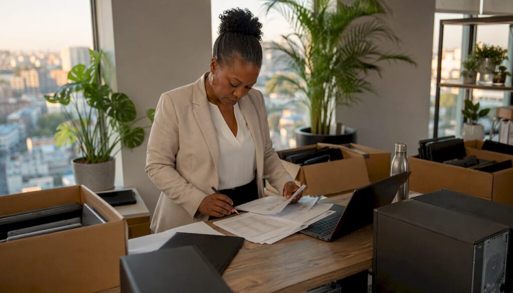 Businesswoman reviewing secure computer donation documents