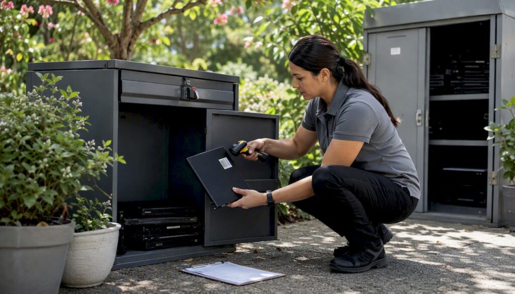 Technician scanning e-waste at collection bin outdoors