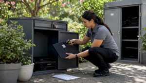 Technician scanning e-waste at collection bin outdoors