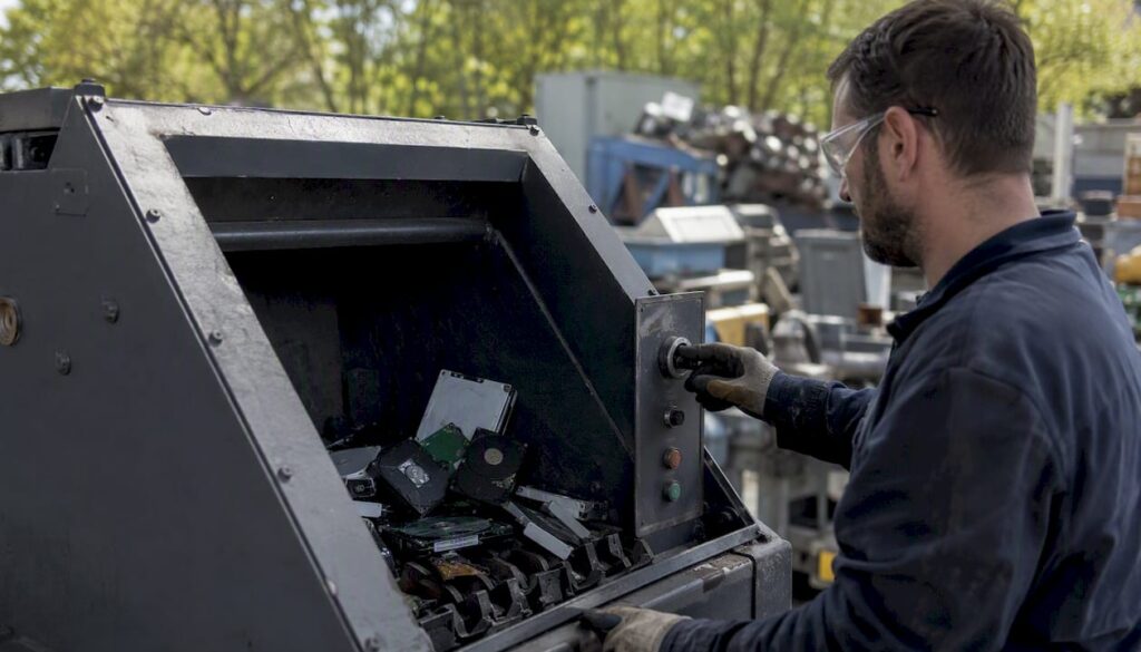 Especialista destruyendo dispositivos electrónicos de almacenamiento