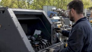 Especialista destruyendo dispositivos electrónicos de almacenamiento