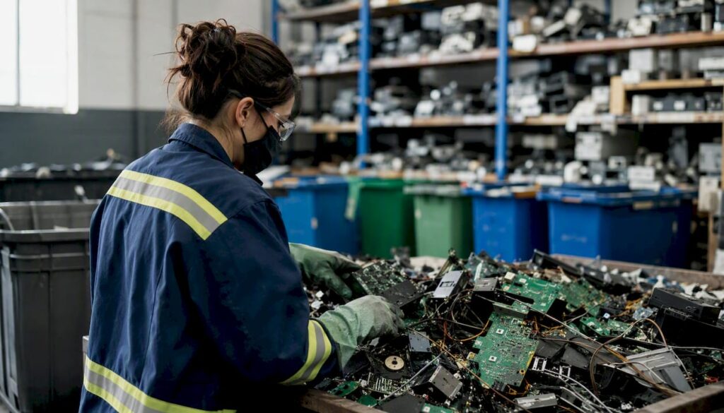 Hands dismantling electronic waste parts