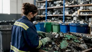 Hands dismantling electronic waste parts