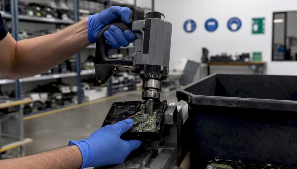Hands shredding hard drive for data destruction