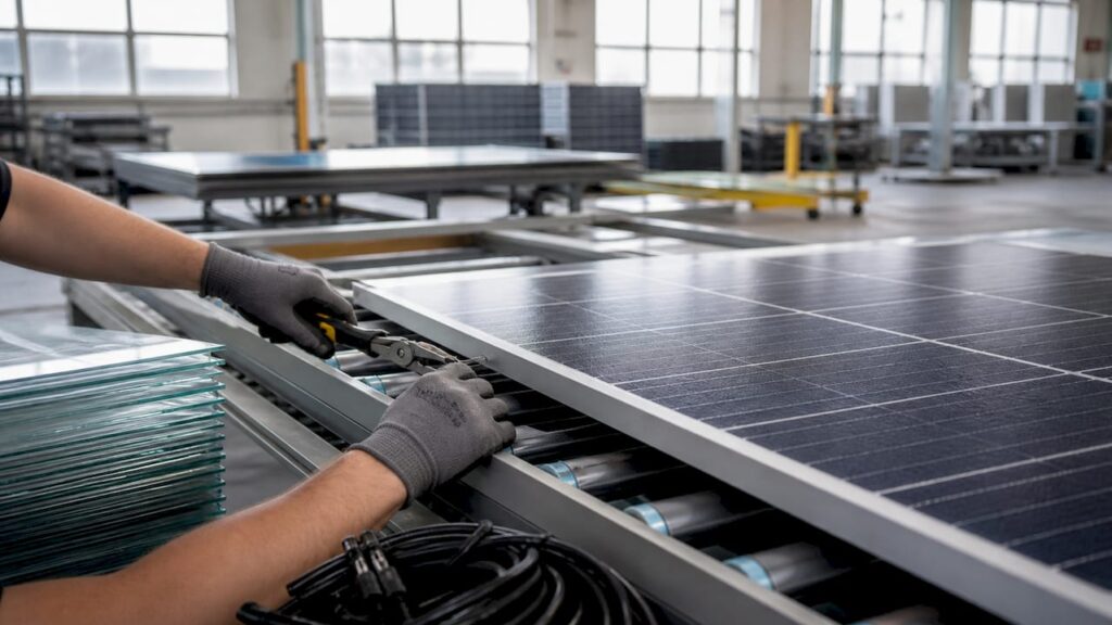Hands dismantling solar panels at recycling facility