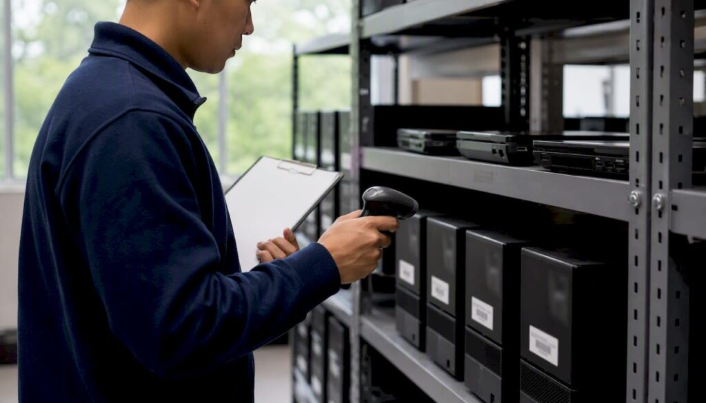 Manos revisando equipos informáticos antiguos almacenados