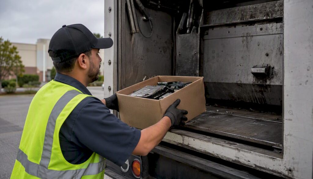 Technician loading hard drives into onsite shredder truck