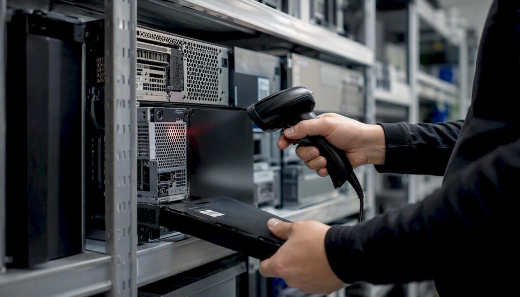 Personal revisando y escaneando equipos informáticos en el almacén