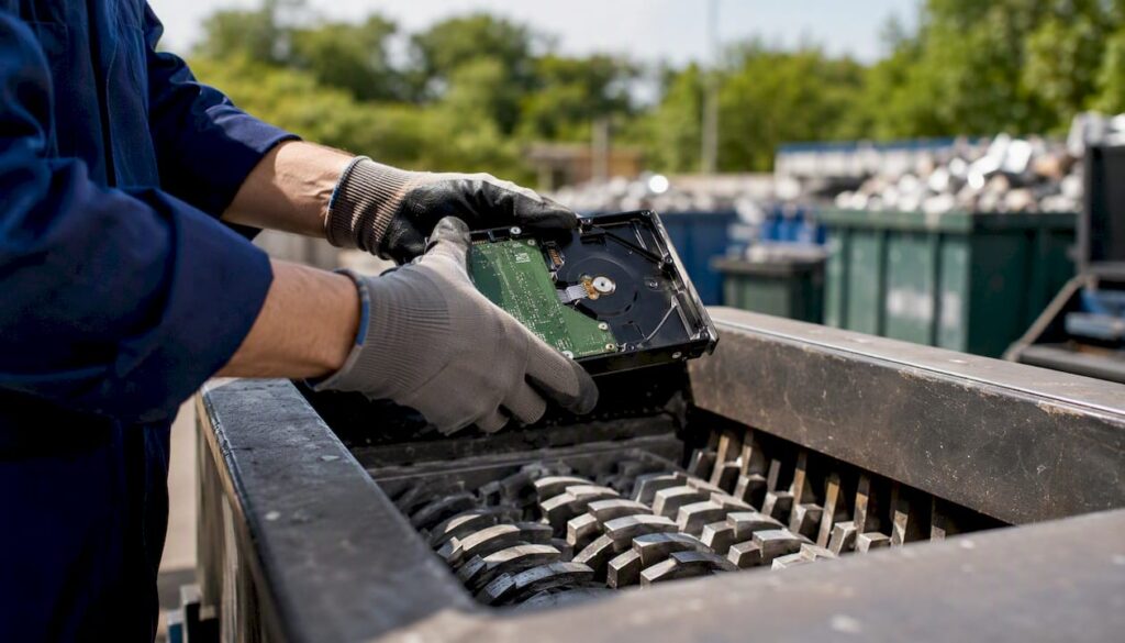 Hands shredding hard drive for data destruction