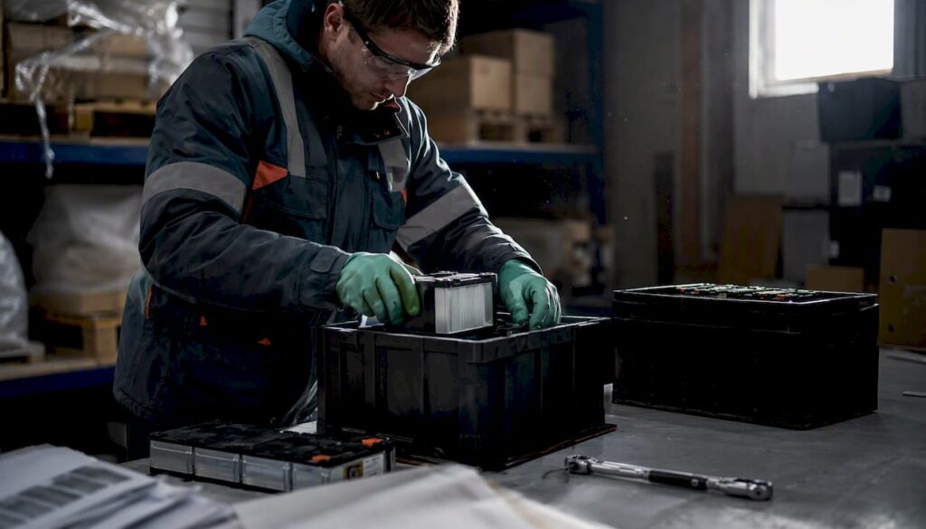 Technician packing lithium batteries for shipping