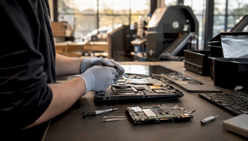 Hands dismantling computer hardware at recovery bench