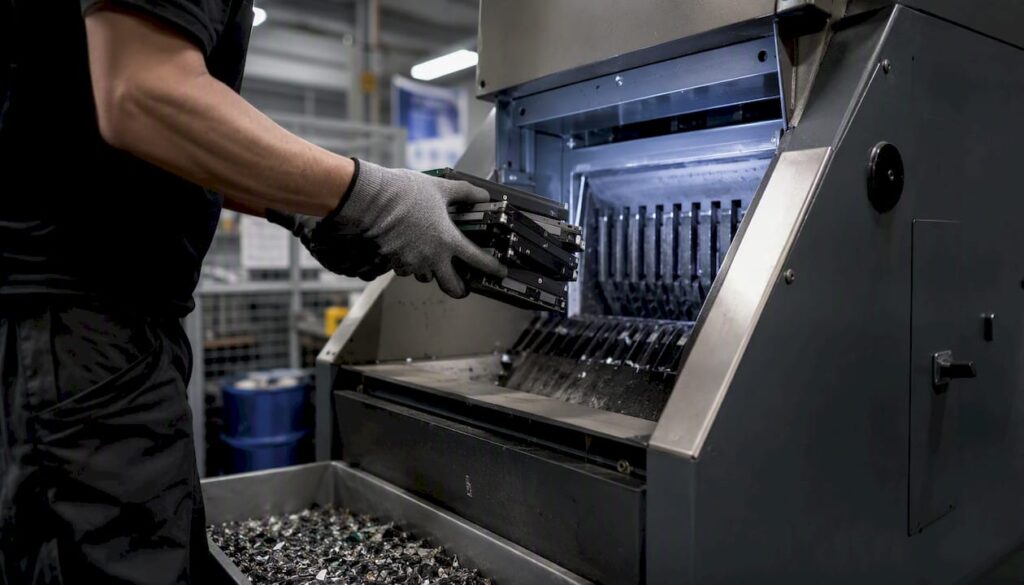 Trituradora industrial destruyendo discos duros y unidades SSD para garantizar la eliminación segura de la información.
