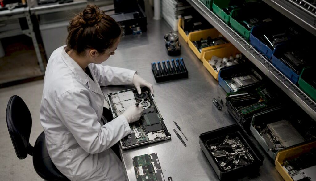 Technicians dismantling e-waste devices