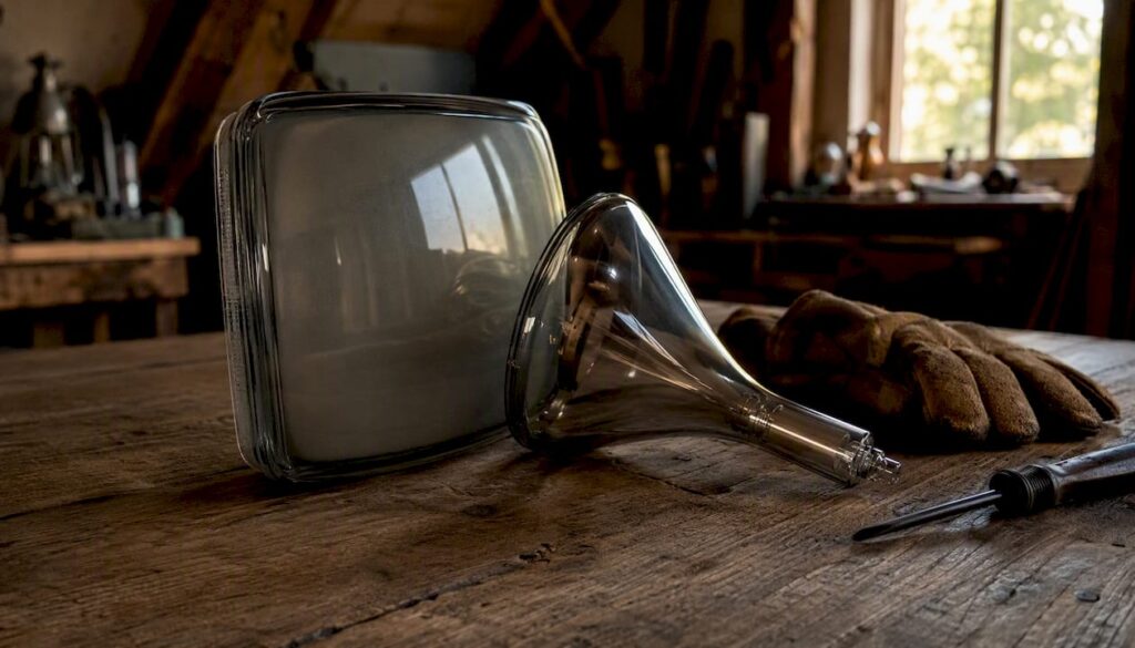 Close-up of CRT TV glass components on table