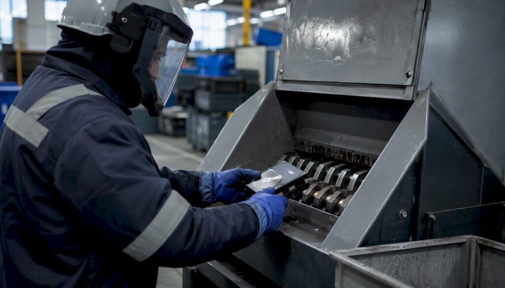 Technician shredding hard drive securely