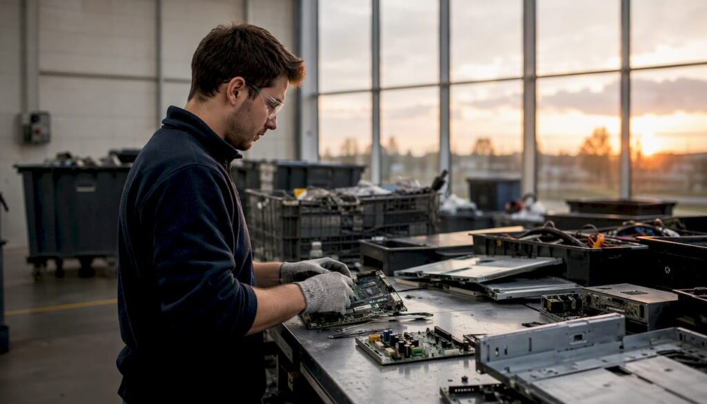 Manos organizando componentes de hardware informático