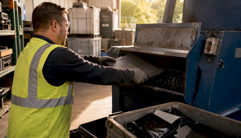 Technician shredding obsolete IT equipment