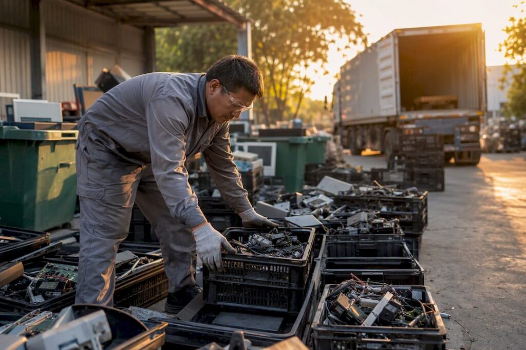 Technician stacking pallets of e-waste