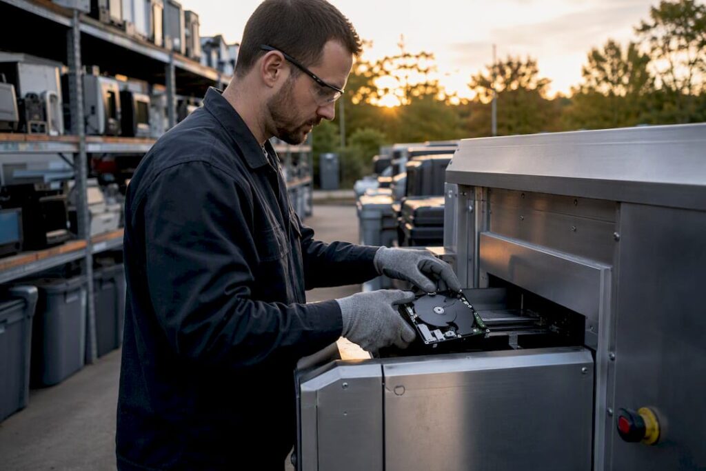 Técnico colocando un disco duro en la máquina para su destrucción