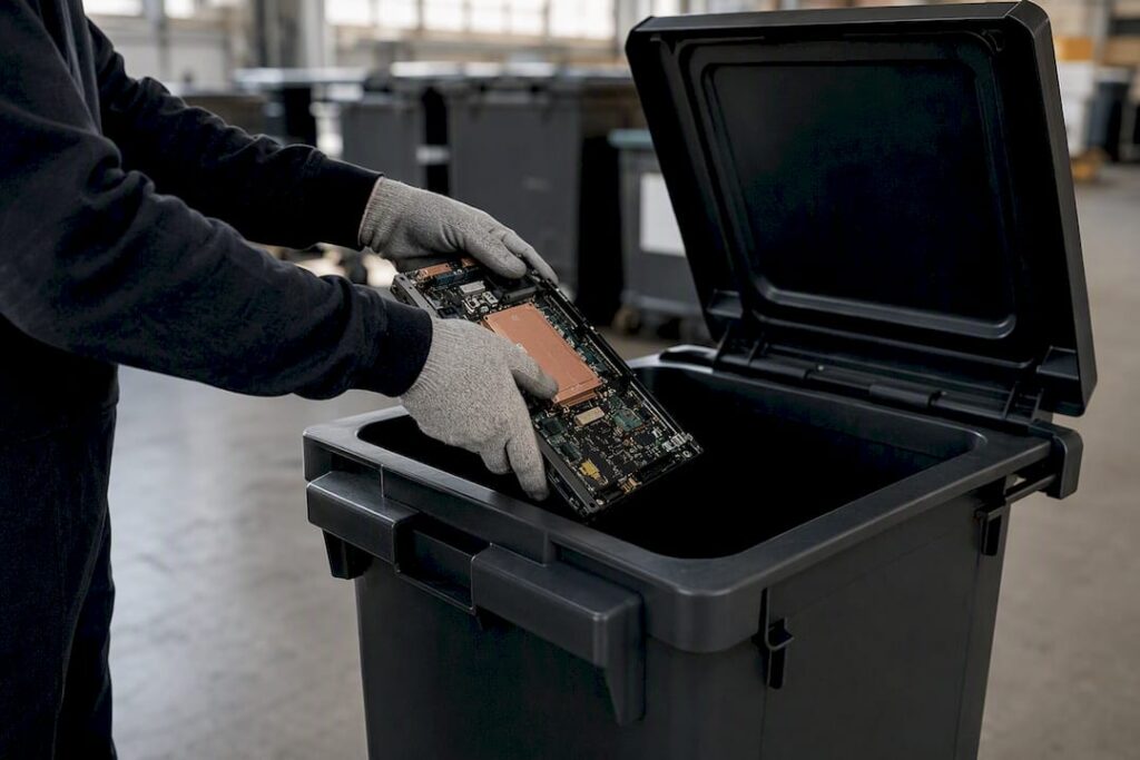 Unas manos depositan residuos electrónicos en un contenedor seguro.