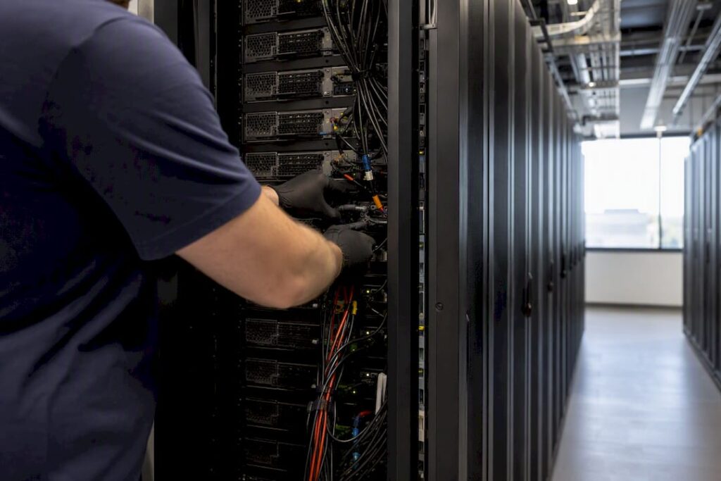 Technician powering down server rack in data center