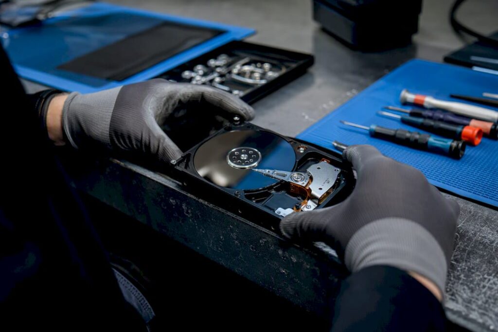 Technician inspecting hard drive components