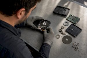 Manos desmontando componentes de un disco duro a mano