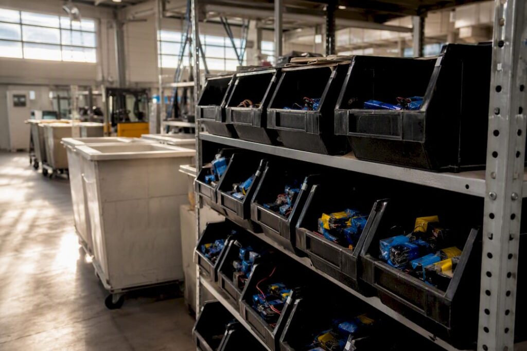 Universal waste battery storage bins in secure facility