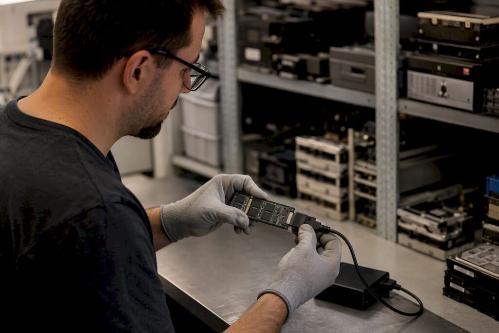 Manos conectando un SSD al dispositivo de borrado seguro