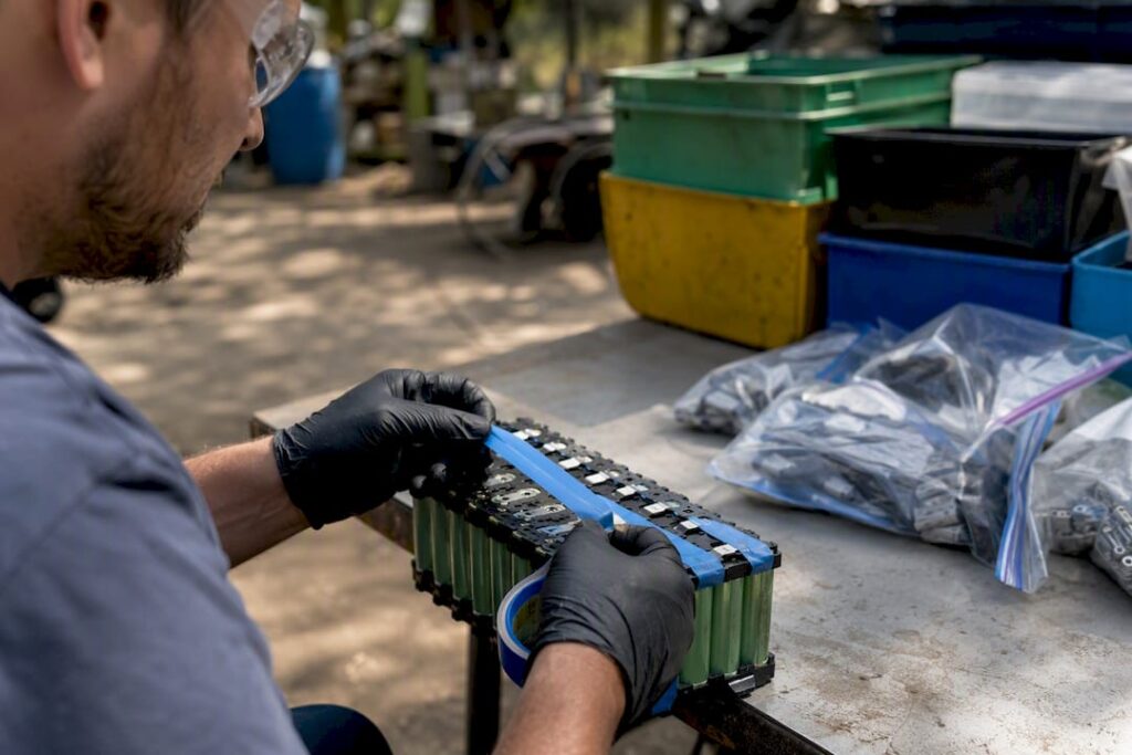 Hands taping lithium-ion battery terminals