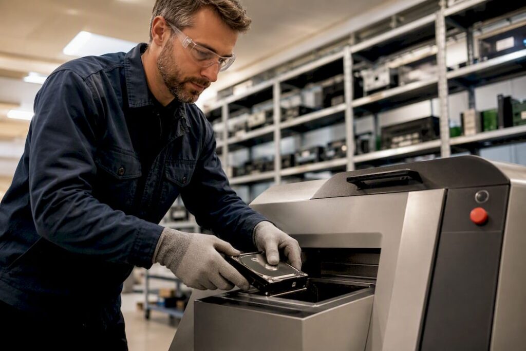 Técnico colocando un disco duro en el desmagnetizador