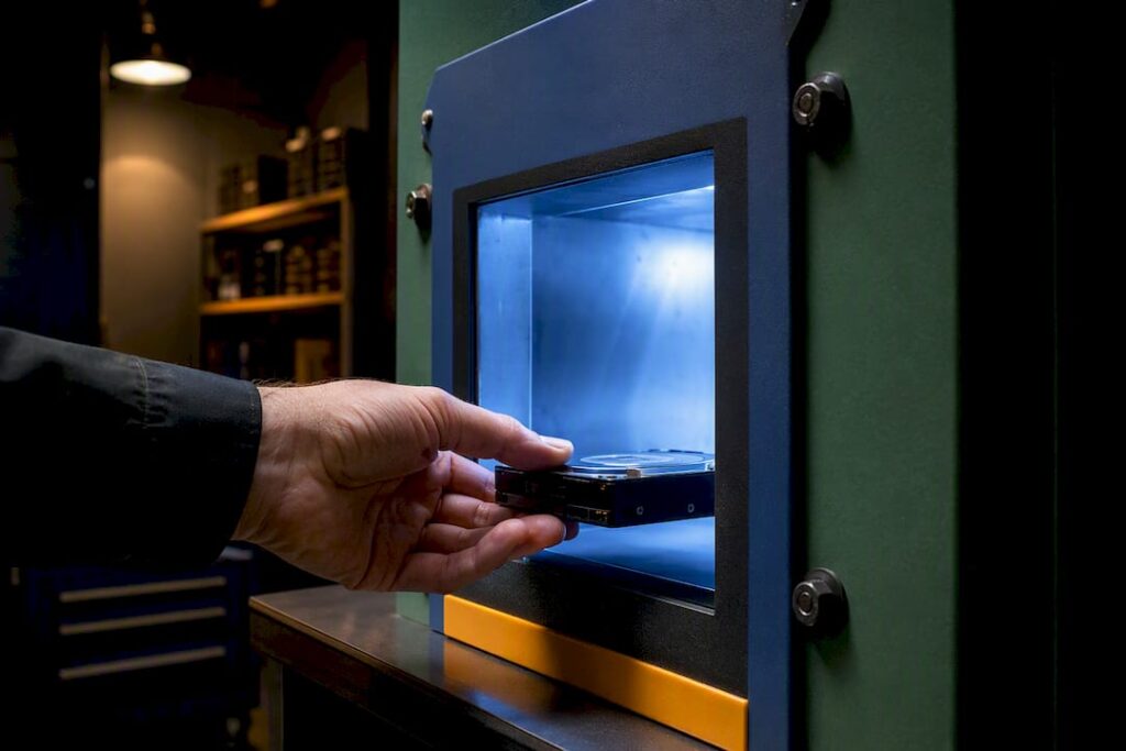 Hard drive entering an industrial degaussing chamber