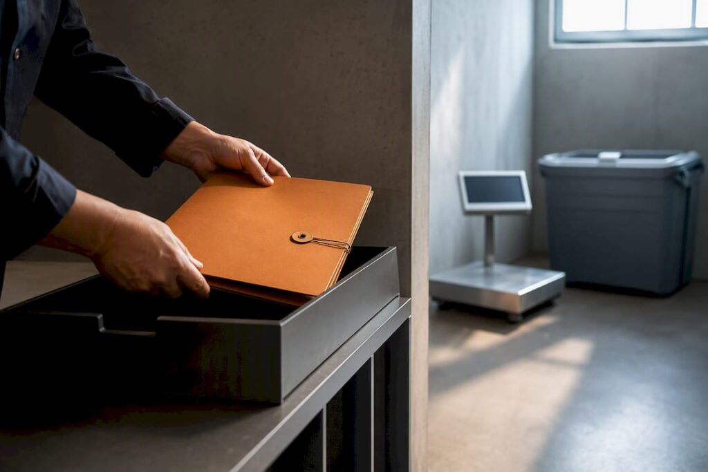 Certificate folder archived beside recycling records