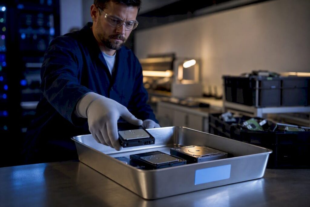 Técnico preparando materiales para una desinfección segura