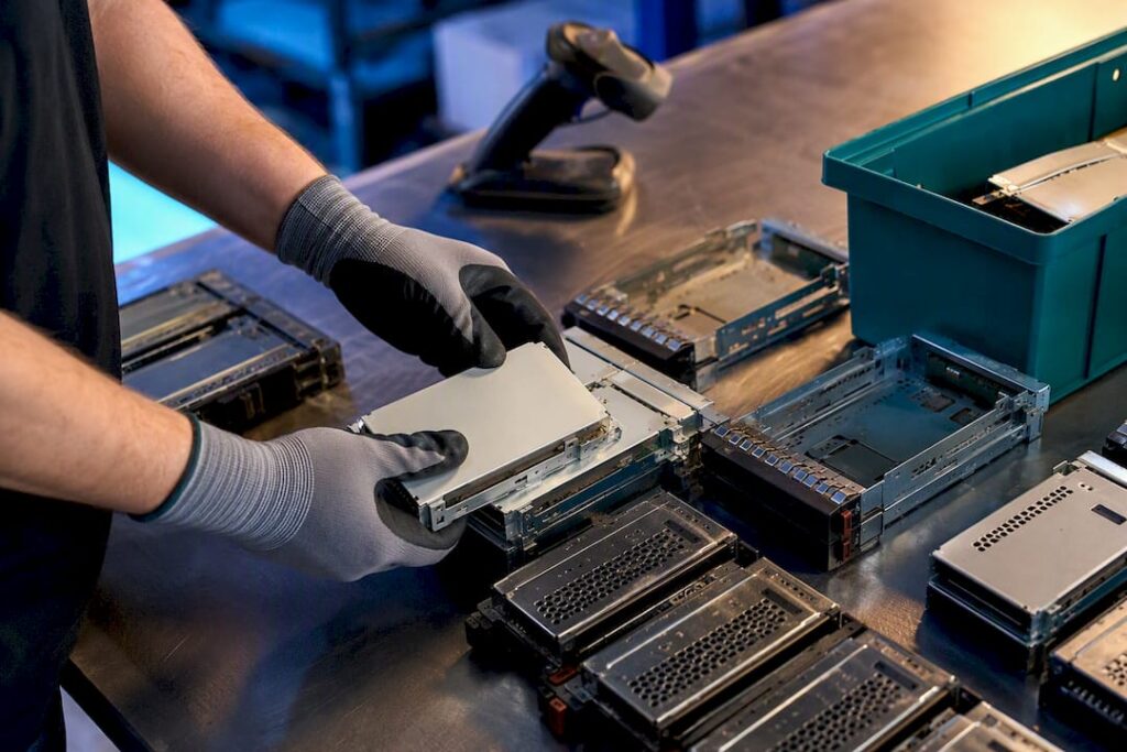 Technician sorting anonymous IT recovery components