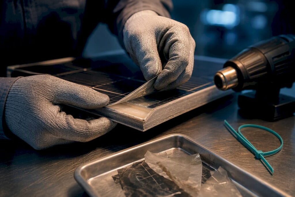 Technician separating laminated PV module layers