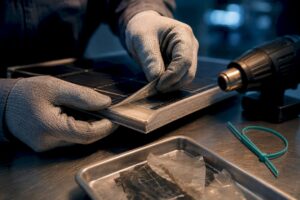 Technician separating laminated PV module layers
