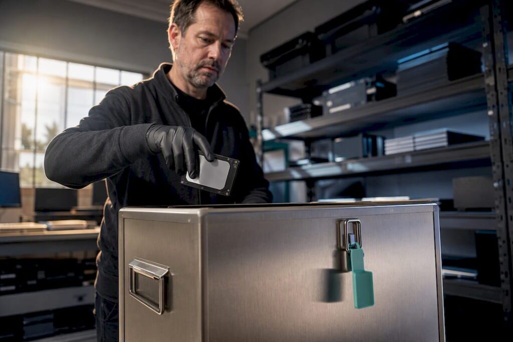 Technician securing storage drive for destruction