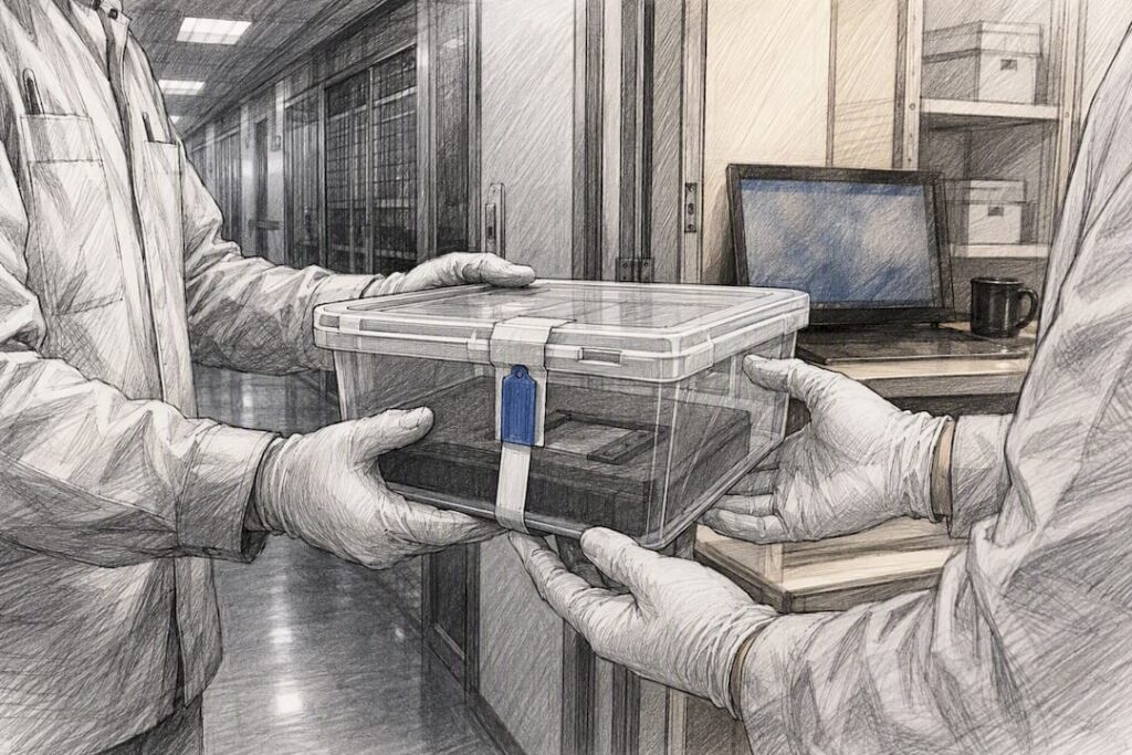 Sealed IT asset tote during custody transfer