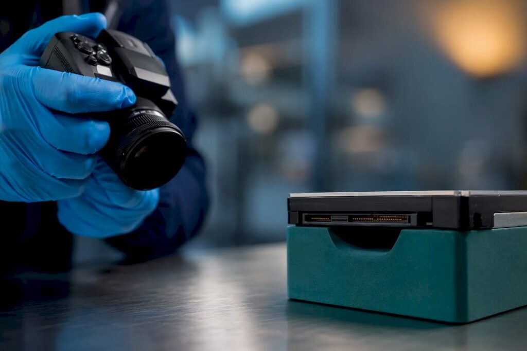 Técnico tomando foto de identificación en dispositivo electrónico