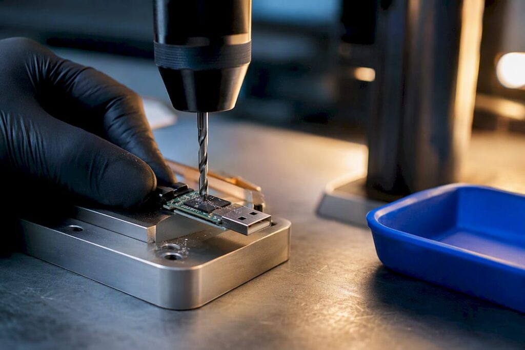Técnico taladrando un chip de memoria USB